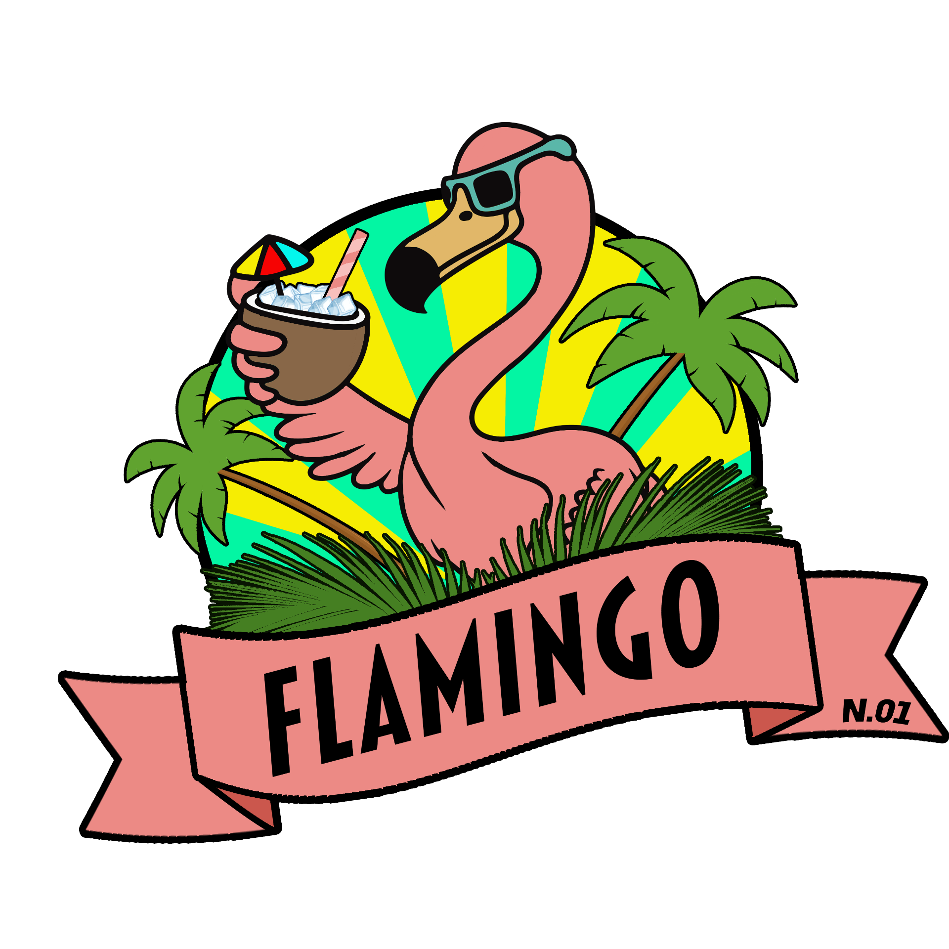 Flamingo Bar-märke med flamingo i solglasögon som håller en kokosnötsdrink, omgiven av palmer och ett banderoll med texten Flamingo